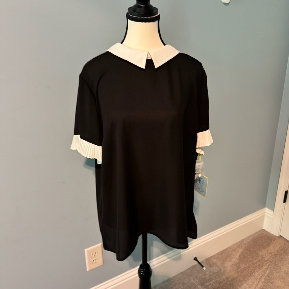 CeCe Black Top with White Collar and Cuff Accents